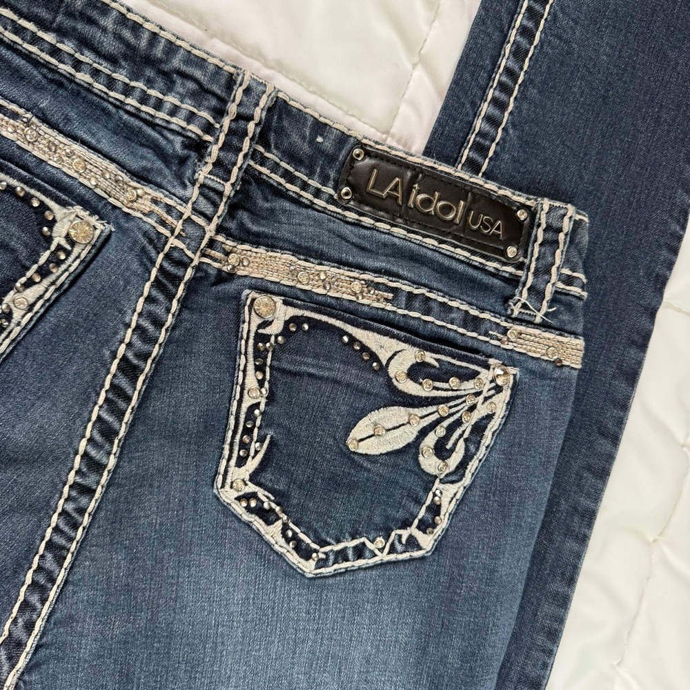 L.A. idol Women's Blueโ Jeans Y2K Low Rise Skinny Embroidered Size 11 - Picture 6 of 9